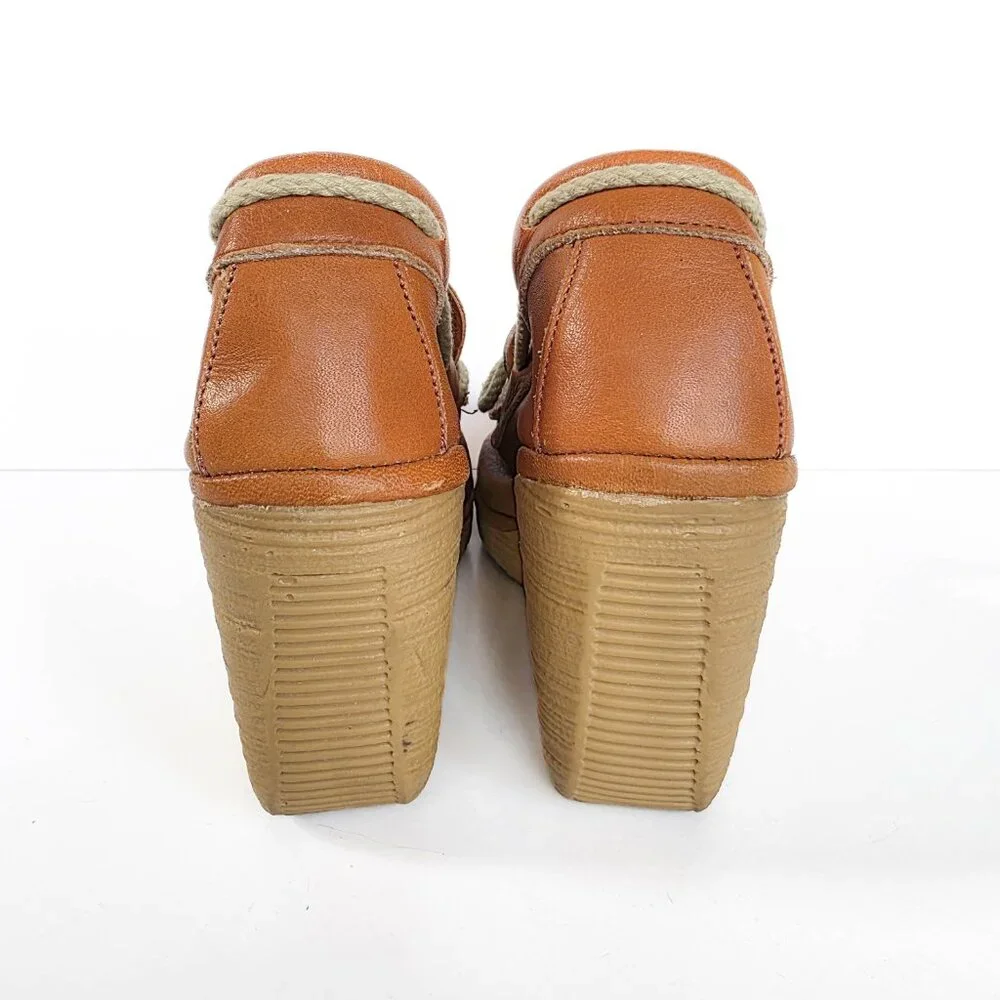 Vintage 70s Cherokee Buckwheat Platform Wedges Caramel Leather‎ Boho Shoes 7.5 N